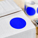 A white box with dark blue circular labels with a white circle in the middle.