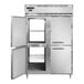A stainless steel Continental Refrigerator reach-in freezer with two open half doors.