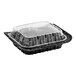 A black plastic Pactiv MealMaster chicken barn with a clear lid.