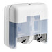 A white plastic Tork OptiServe toilet paper dispenser with a clear plastic cover.