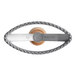 A metal oval ravioli cutter with a white handle.