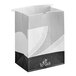 A white paper bag with black and white print and tin tie closure.