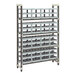 A Cambro Camshelving® Elements wine rack with stackable wine cradles on three shelves.