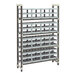 A Cambro Camshelving Elements XTRA wine rack with stackable wine cradles on three shelves.