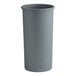 A gray plastic Lavex slim round trash can with a black lid.