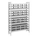 A speckled gray metal Camshelving wine rack with stackable wine cradles.