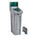 A grey and green Rubbermaid Slim Jim 23 gallon space saving trash can with a lid.