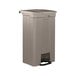 A beige rectangular Suncast step-on trash can with a black lid.