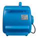 A blue plastic cylinder with a black cord and white label.