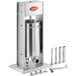 An Avantco stainless steel vertical churro stuffer with churro tubes on a metal stand.