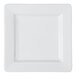 A square, ultra bright white porcelain plate with a wide rim.