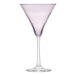 A close-up of a Libbey pink martini glass with a curved stem.