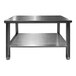 A stainless steel SSL Industries work table with an undershelf and adjustable foot pads.