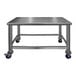 A SSL Industries stainless steel work table with casters.