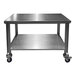 A SSL Industries stainless steel work table with wheels.
