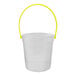 A clear plastic bucket with yellow handles.