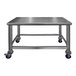 A SSL Industries stainless steel work table with casters.