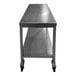 A stainless steel SSL Industries work table with casters.