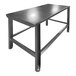 A black metal SSL Industries stainless steel work table with adjustable foot pads.
