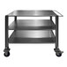 A SSL Industries stainless steel utility cart with three shelves on wheels.
