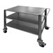 A SSL Industries stainless steel utility cart with 3 shelves and wheels.