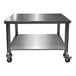 A SSL Industries stainless steel work table with undershelf and wheels.