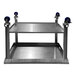 A stainless steel SSL Industries work table with an undershelf and casters.