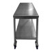 A stainless steel SSL Industries work table with casters.