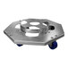 A stainless steel SSL Industries dolly with blue wheels.