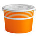 An orange and white Choice paper frozen yogurt container with a flat lid.