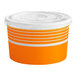 An orange and white paper container with a lid.