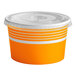 An orange paper Choice frozen yogurt cup with a white lid.