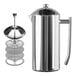 A silver stainless steel Frieling USA French press with a handle.