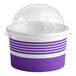 A purple and white paper container with a clear dome lid.