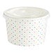 A white Choice paper food container with colorful polka dots.