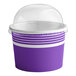 A purple and white Choice paper cup with a clear dome lid.