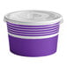 A purple and white paper frozen yogurt container with a flat lid.