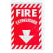 A red and white Lavex adhesive vinyl "Fire Extinguisher" safety label with white text and an arrow pointing down.