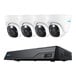A group of white Reolink 12MP PoE dome cameras next to a black Reolink Network Video Recorder.