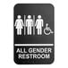 A Lavex black and white plastic all gender restroom sign with Braille.