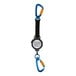 A black and blue carabiner with a round object on a leash.