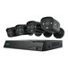 A Reolink black network video recorder with a green light and four black PoE bullet cameras.
