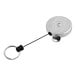 A KEY-BAK silver metal tool tether with a black attachment on a white background.