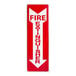 A red and white rectangular sign with white text reading "Fire Extinguisher" and a down arrow.