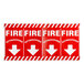 A red sign with white text and arrows that says "Fire Extinguisher" with a white arrow pointing down.