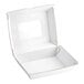 A white corrugated clamshell container with a clear window on the lid.
