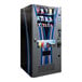 A VEND MACH QUICK BREAK COMBO QB4000 vending machine with snacks and drinks decorated with blue and black stripes.