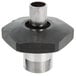 A T&S black and silver metal pot and kettle filler outlet with a threaded pipe fitting and metal nut.