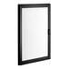A black rectangular glass door with a white frame.