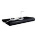 A black roll of fabric with white plastic strips and a white cord.
